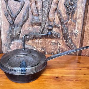 Antique French manual metal coffee roaster with hinged lid and long handle