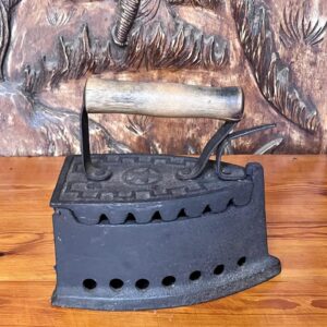 Antique cast iron charcoal sad iron with wooden handle